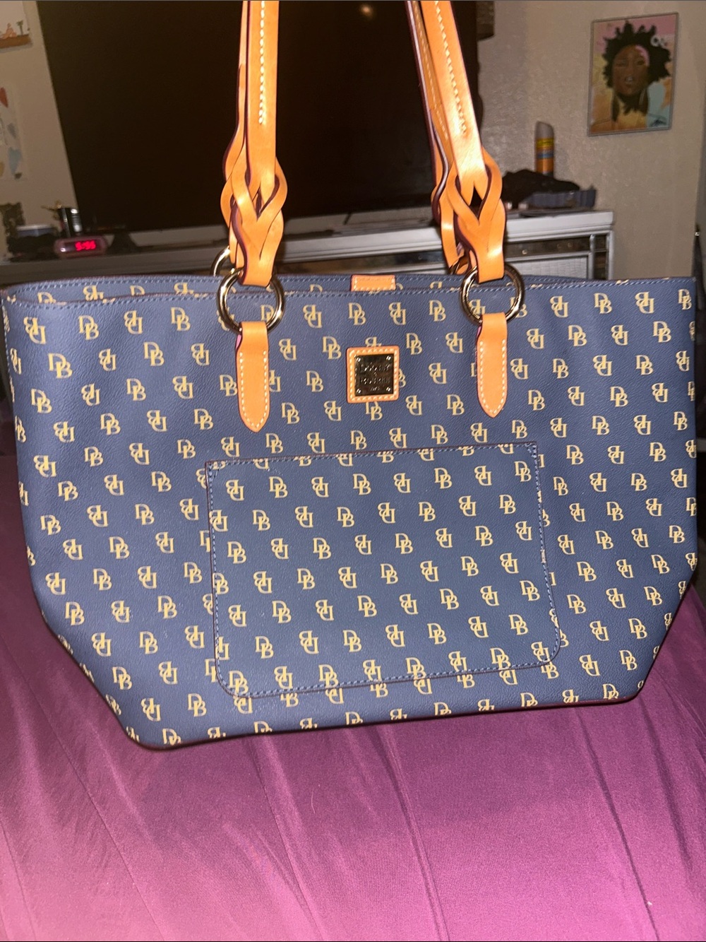 Dooney & Bourke Navy Tote with Tan Leather Handles